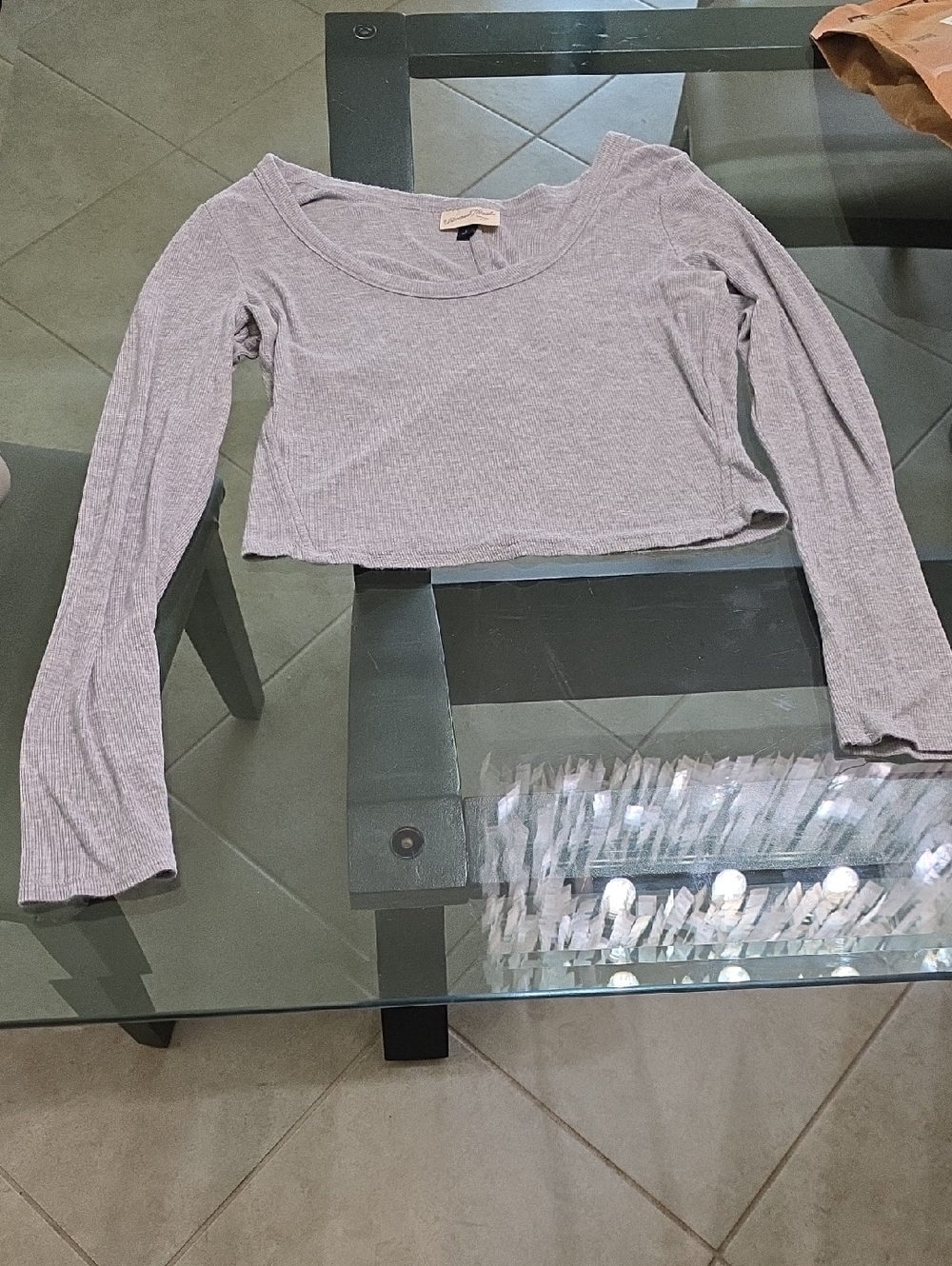 Universal Thread Light Gray Ribbed Long-Sleeve Crop Top